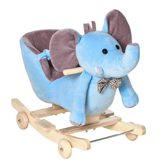 Photo of HOMCOM 2 In 1 Plush Baby Ride on Rocking Horse Elephant Rocker with Wheels Wooden Toy for Kids 32 Songs for 18+ Months (Blue) in (Blue) colour on a white background