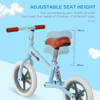 Blue balance bike with adjustable rust-colored seat shown at different heights.