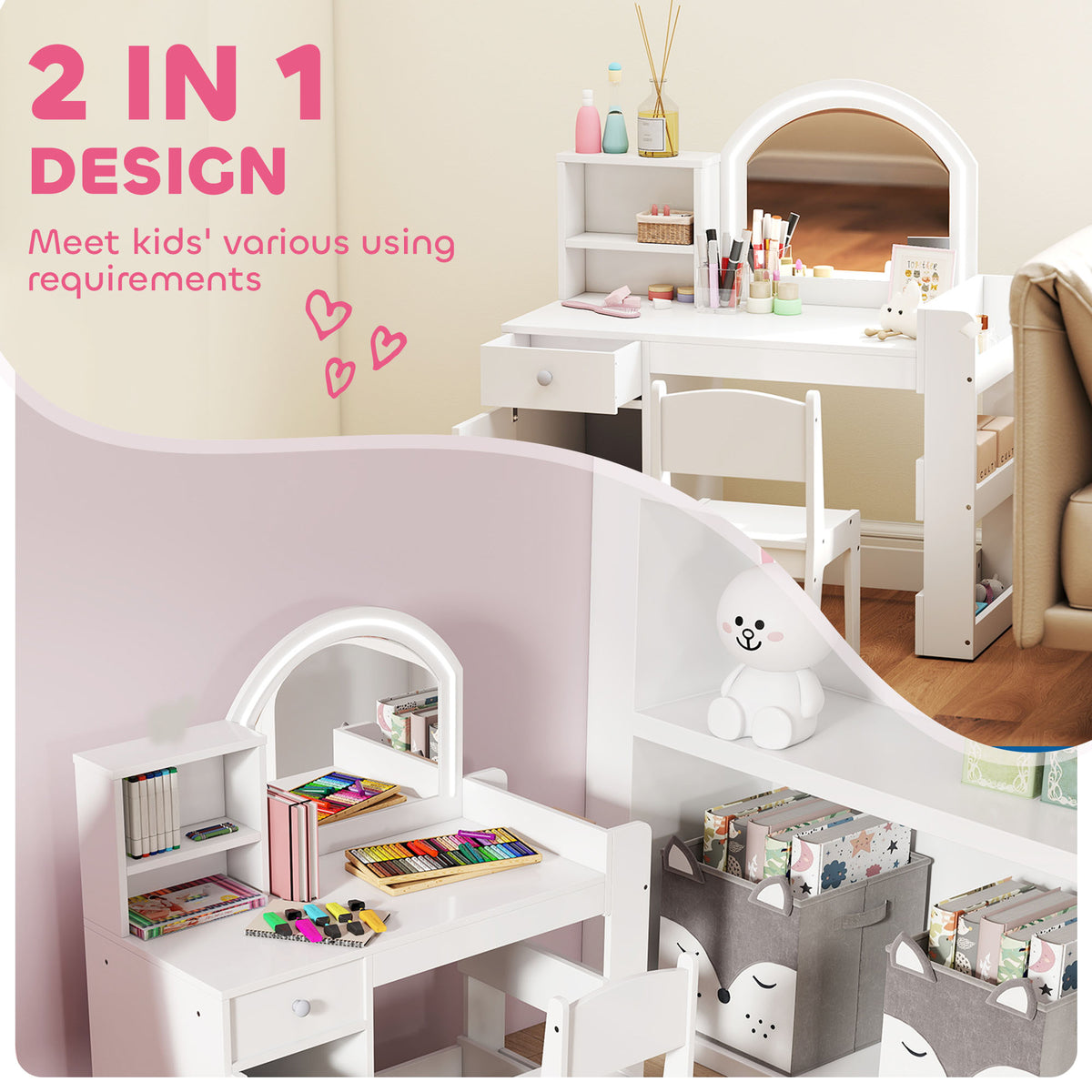 AIYAPLAY Kids Vanity Table and Chair Set, Girls Dressing Table with 2-Colour LED Mirror, Stool, Cabinet, Drawer, Shelves, White