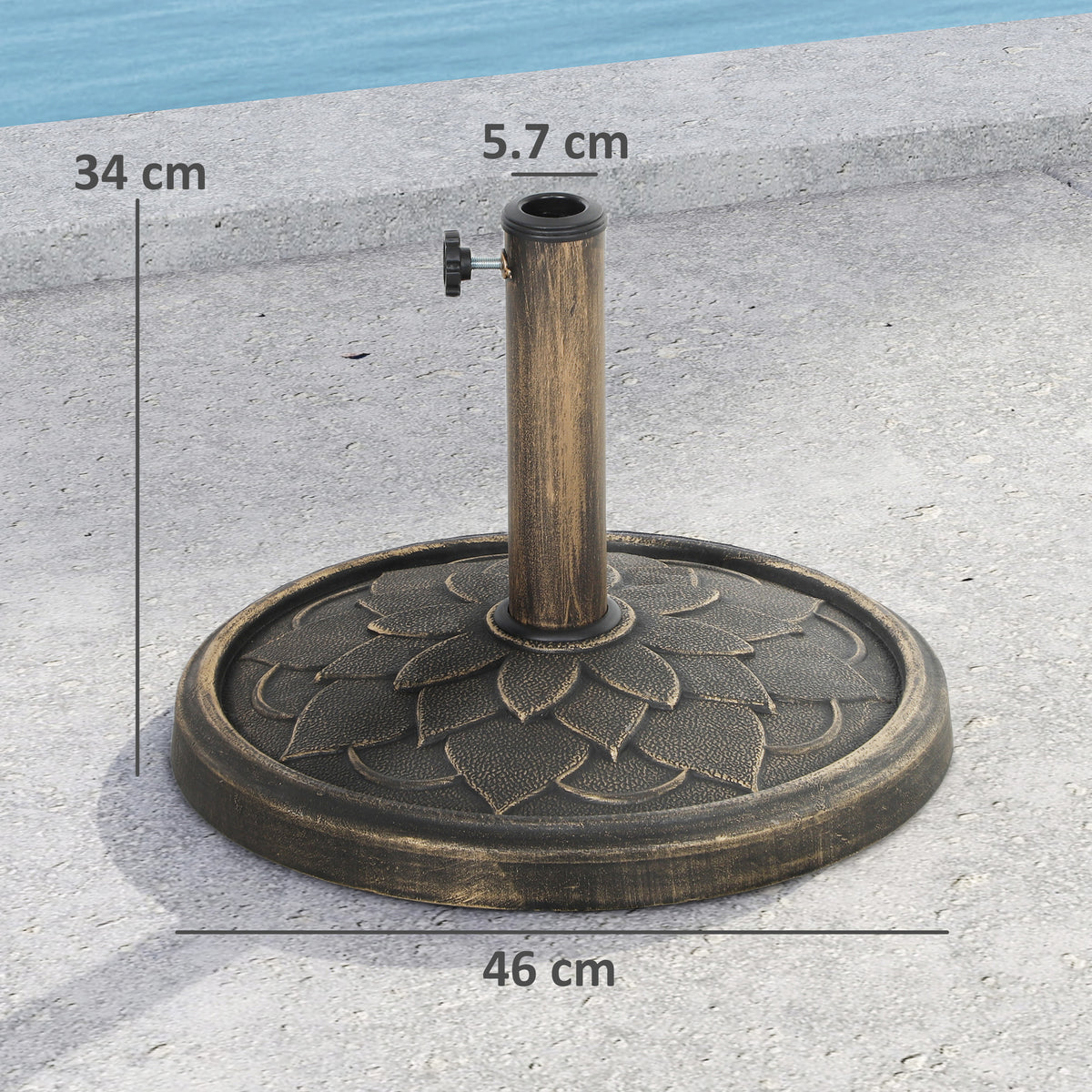 Round bronze-tone parasol base with pole holder, tightening knob, and 46 cm diameter