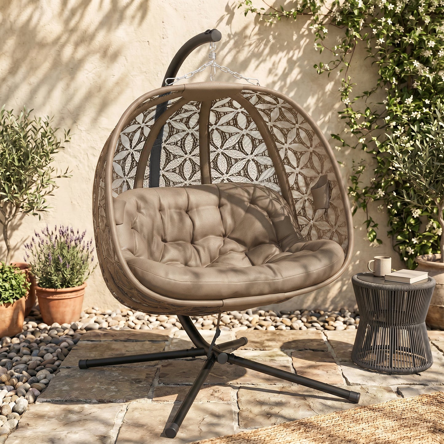 Outsunny Outdoor Double Hanging Chair with Cushion and Cup Holders, Sand Brown