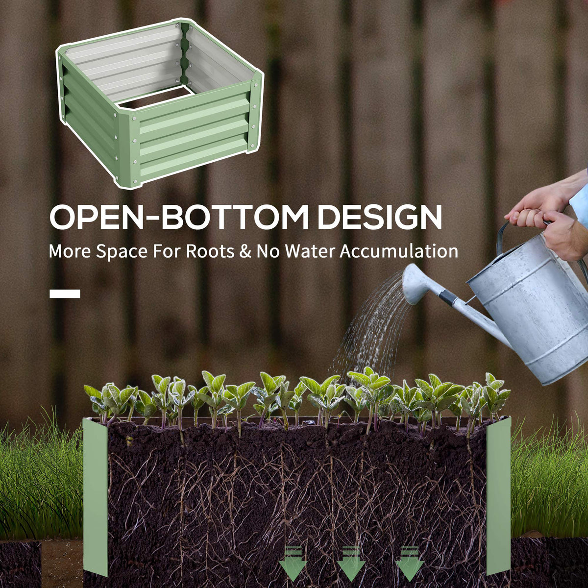 Light green steel planter box with an open bottom for root growth and drainage