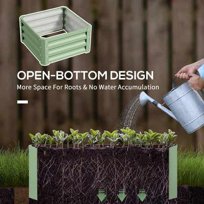 Light green steel planter box with an open bottom for root growth and drainage
