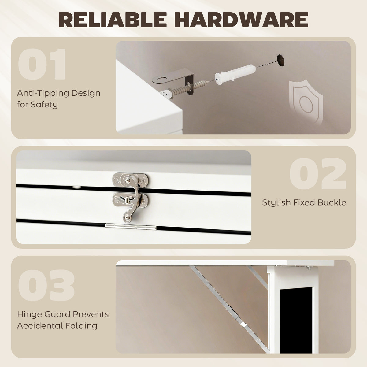 White fold-out desk hardware, including anti-tip fittings, a buckle, and a hinge guard