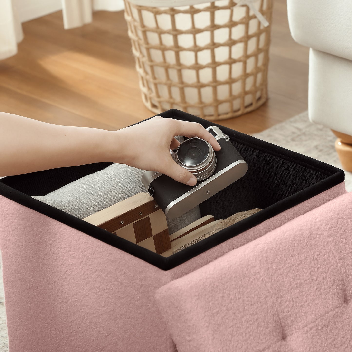 HOMCOM Foldable Sherpa Fleece Storage Ottoman - Pink