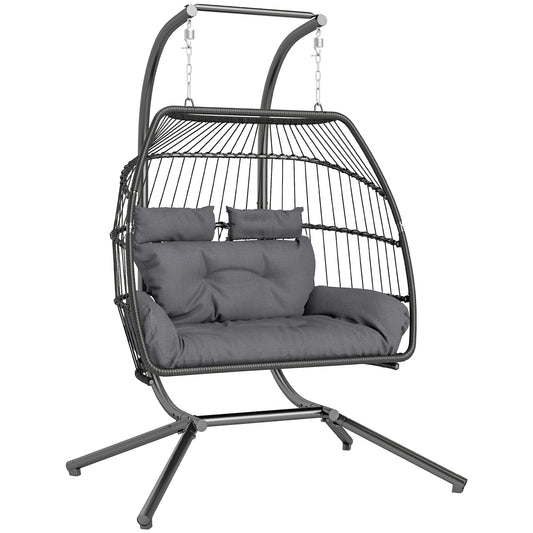 Photo of Outsunny Rattan Double Hanging Egg Chair with Stand, Foldable Wicker Swing Egg Chair with Cushion, Head Pillows, Steel Frame, Hammock Chair for Indoor Outdoor, Capacity 260 kg, Dark Grey in Grey colour on a white background