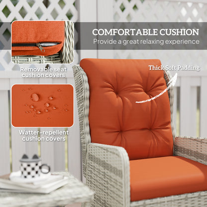 Wicker chair with thick orange cushions and removable, water-repellent covers