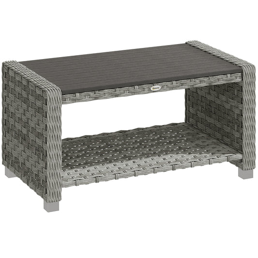 Photo of Outsunny Outdoor Coffee Table with Storage Shelf, PE Rattan Side Table with Slatted Top and Foot Pads, Grey in Grey colour on a white background