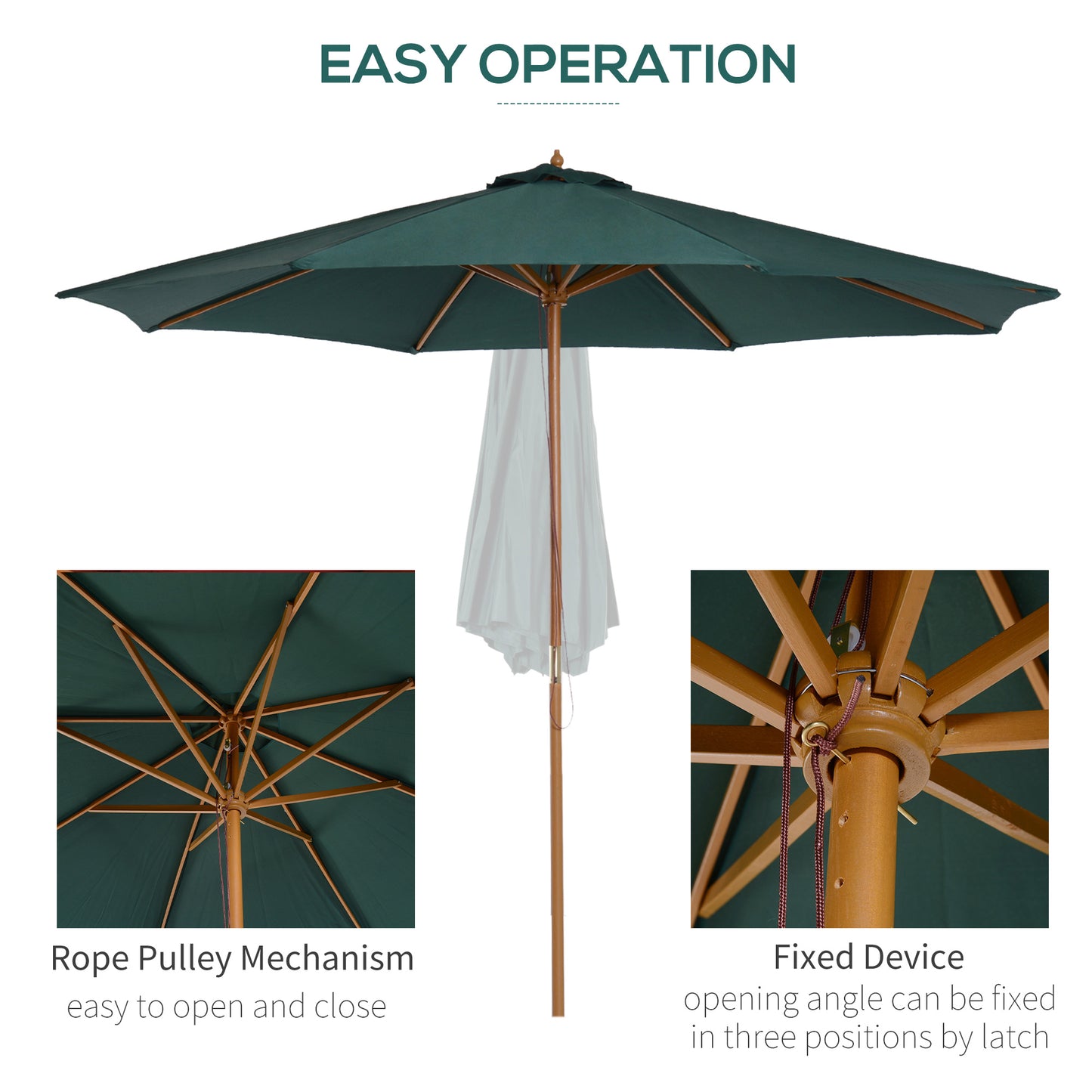 Outsunny 3(m) Wooden Patio Umbrella, Pulley Operated Garden Parasol with Rope Pulley Mechanism and 8 Ribs, Dark Green