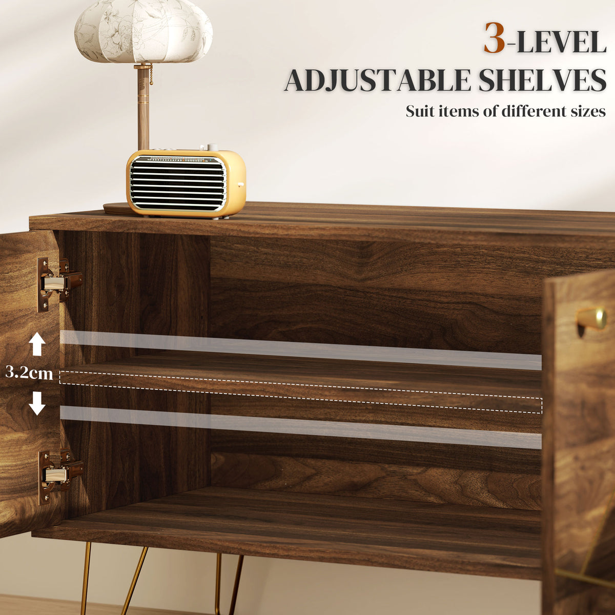 TV cabinet interior with adjustable shelves, shown at three height positions