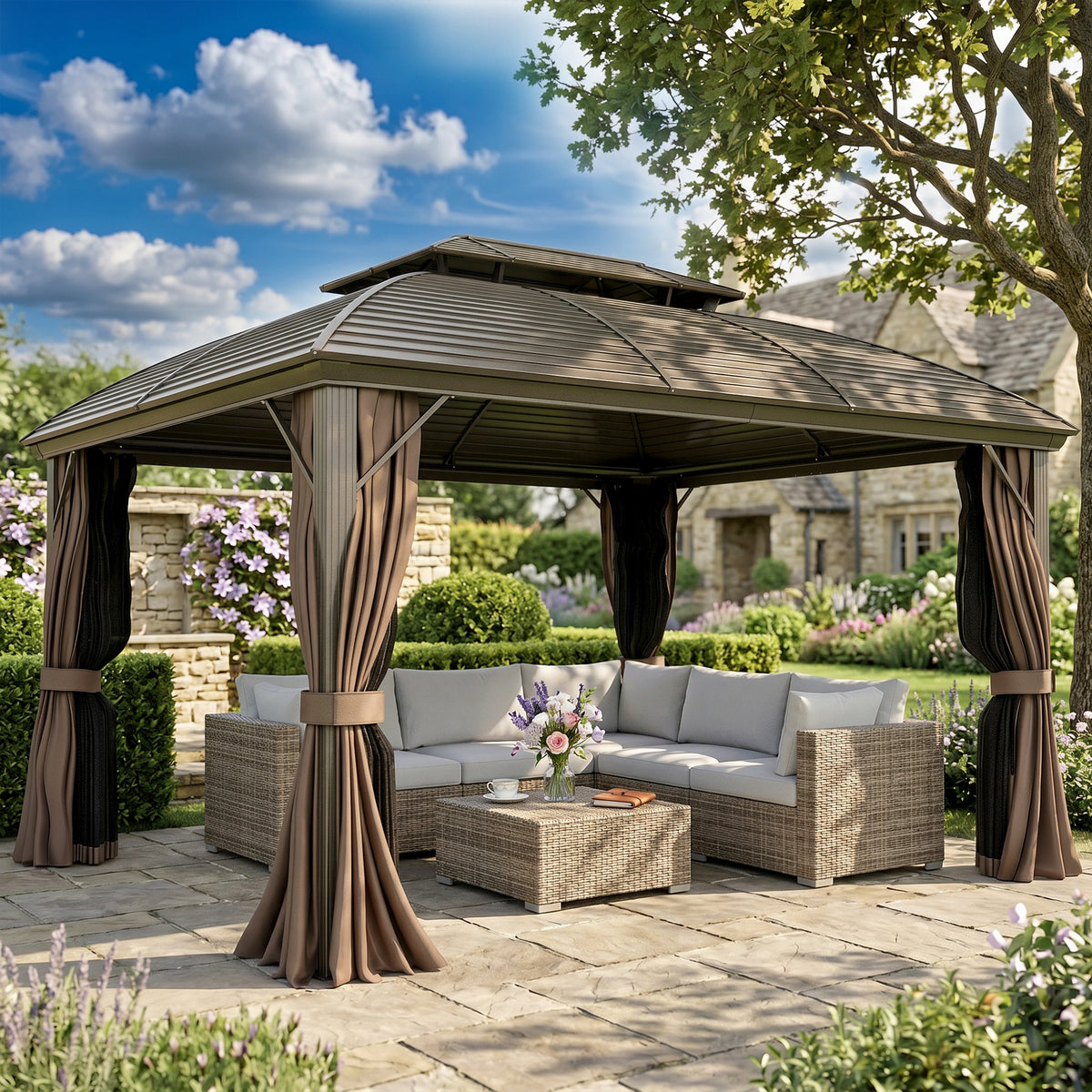Outsunny hardtop gazebo with tied-back curtains and net sidewalls, shown with outdoor seating
