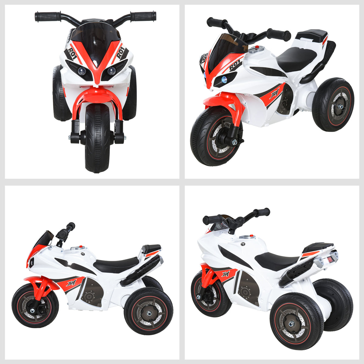 HOMCOM three-wheel police ride-on motorcycle shown from front and side angles