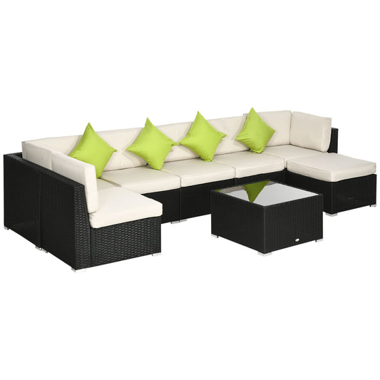 Photo of Outsunny 8 Pieces PE Rattan Corner Sofa Set, Patio Wicker Sofa Seater with Cushion, Washable Cushion Cover & Tempered Glass Table, Khaki in Khaki colour on a white background