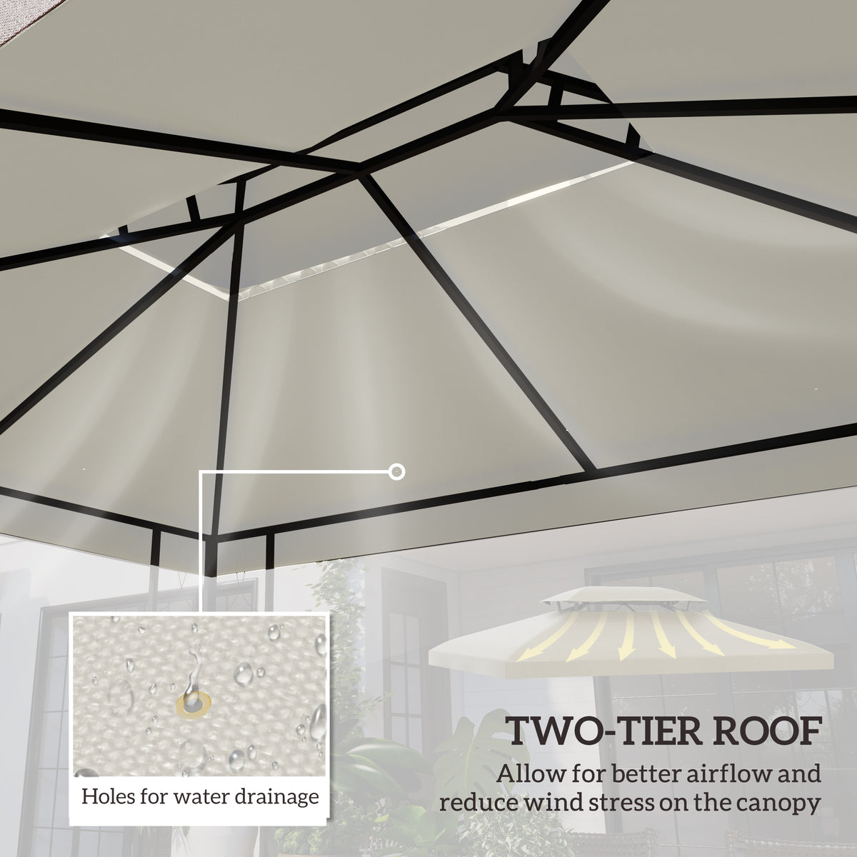 Underside of cream gazebo canopy showing drainage holes and two-tier roof design