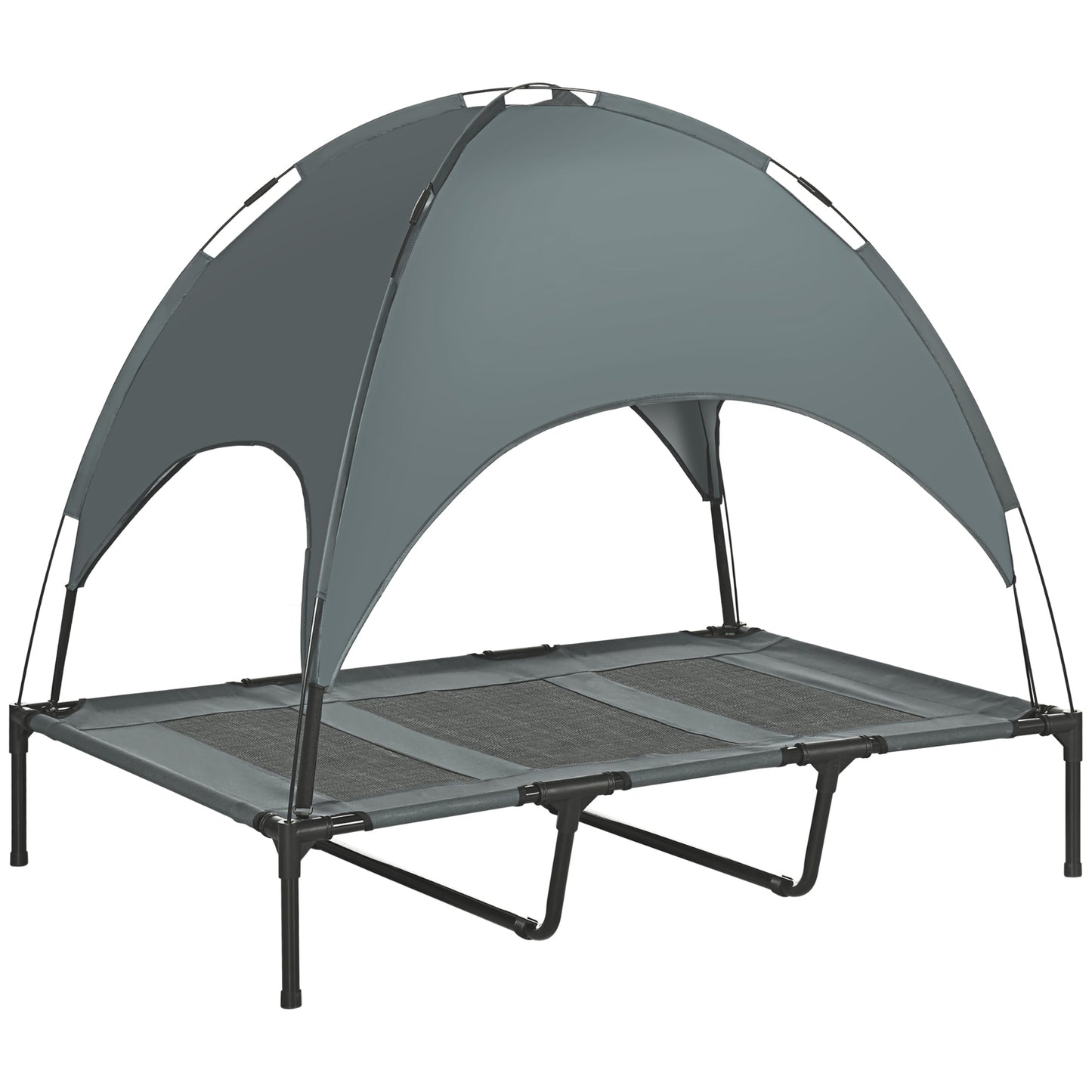 Photo of PawHut Outdoor Dog Bed with Removable Canopy, Portable Raised Dog Bed for Camping, Garden & Beach, Water-Resistant UV-Protection Mesh Pet Cot Sun Lounger, for XL Pets, 122 x 92 x 108 cm, Grey in Grey colour on a white background