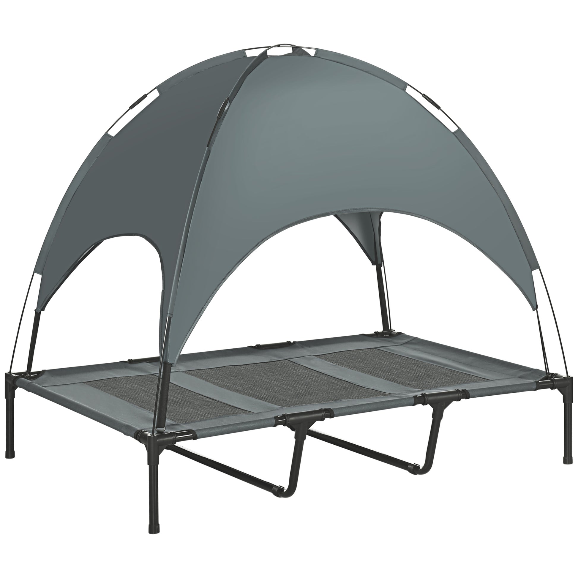 Photo of PawHut Outdoor Dog Bed with Removable Canopy, Portable Raised Dog Bed for Camping, Garden & Beach, Water-Resistant UV-Protection Mesh Pet Cot Sun Lounger, for XL Pets, 122 x 92 x 108 cm, Grey in Grey colour on a white background
