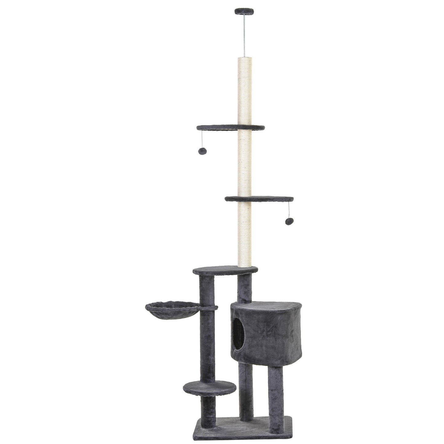Photo of PawHut Floor to Ceiling Cat Tree for Indoor Cats Play Tower Climbing Activity Center Scratching Post Platforms Condo Adjustable Height 220-265cm Dark Grey in Grey colour on a white background