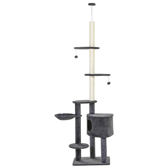 Photo of PawHut Floor to Ceiling Cat Tree for Indoor Cats Play Tower Climbing Activity Center Scratching Post Platforms Condo Adjustable Height 220-265cm Dark Grey in Grey colour on a white background