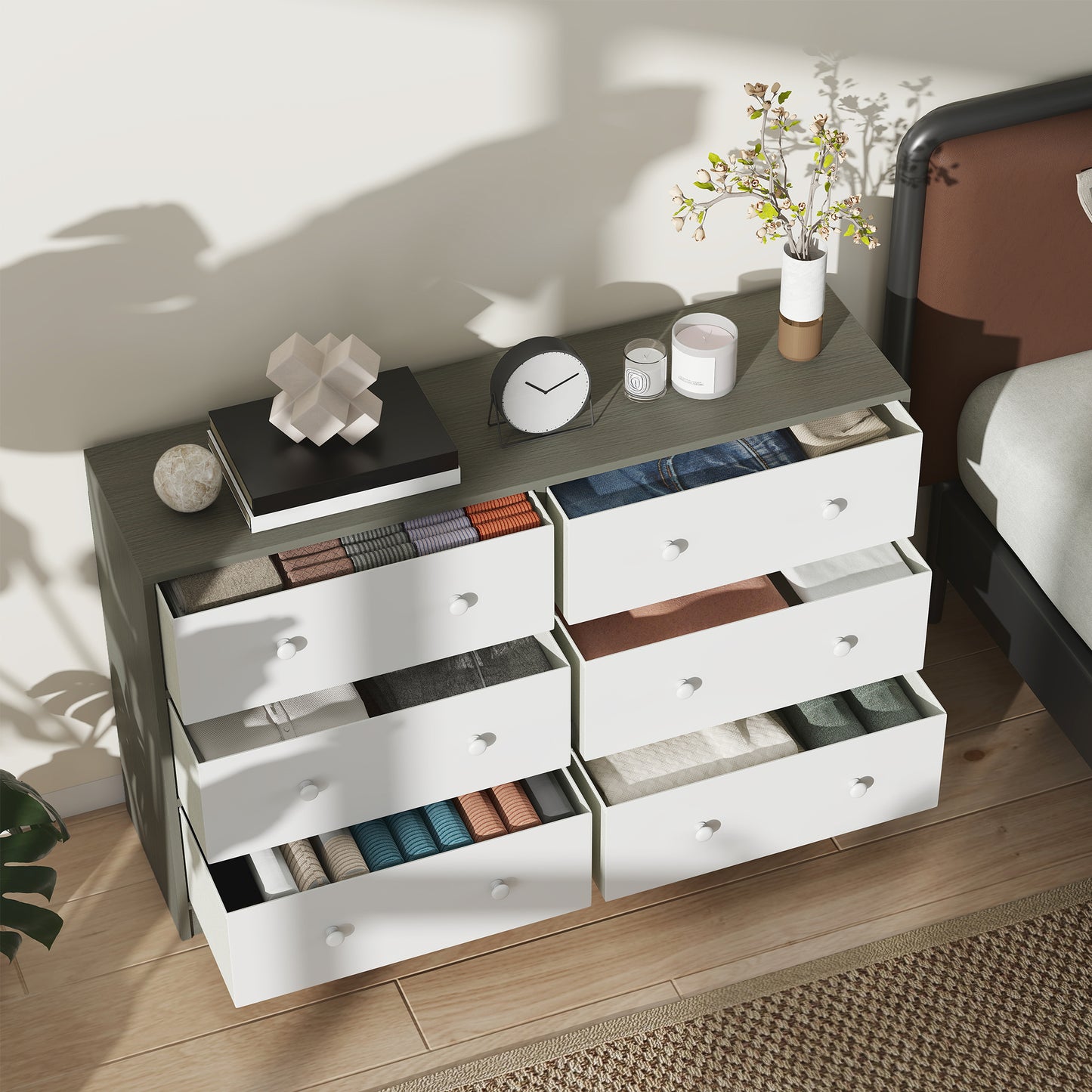 HOMCOM Chest of Drawers, Dresser with 6 Fabric Drawers - White and Grey