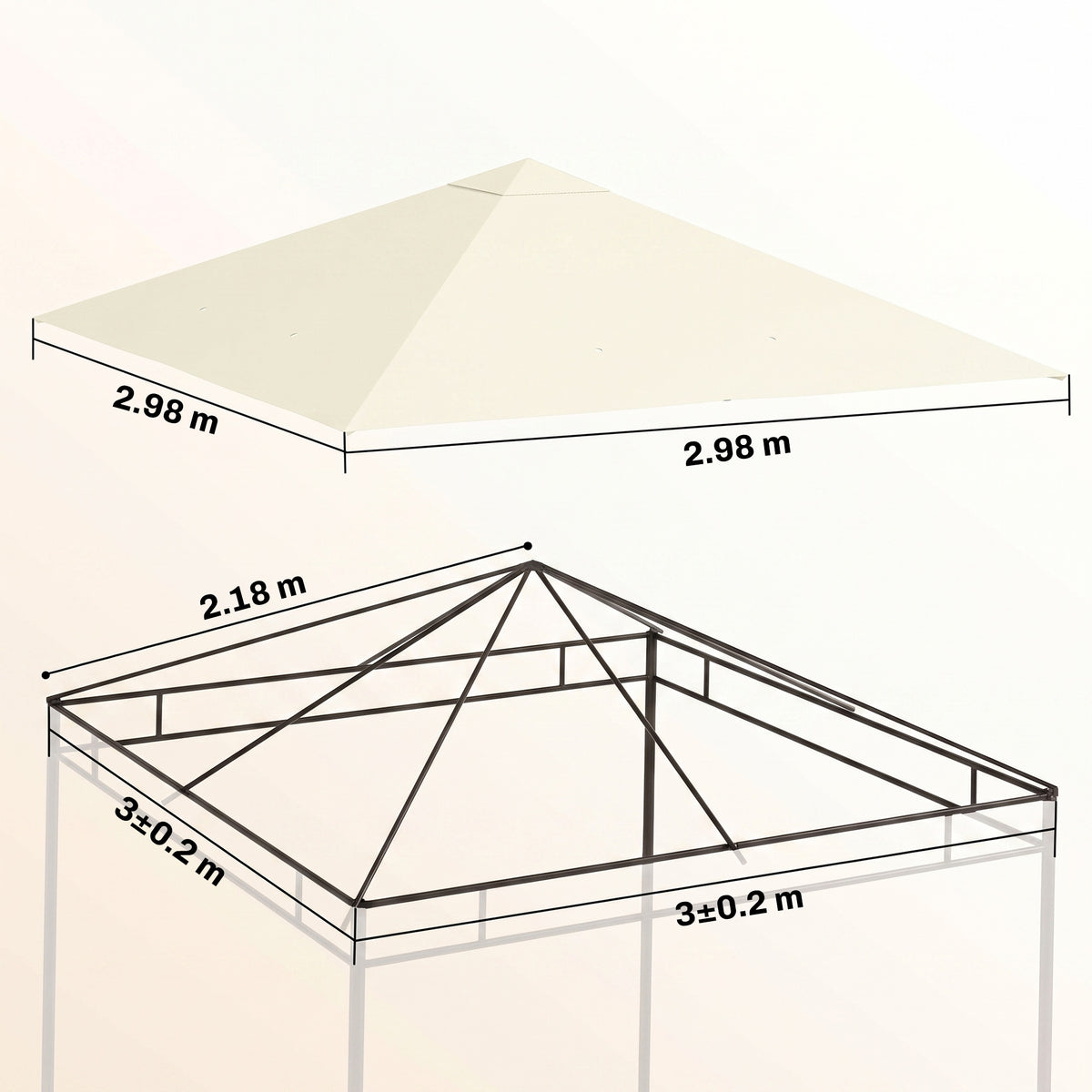 Cream gazebo canopy replacement, nearly 3 m square, shown with frame dimensions.