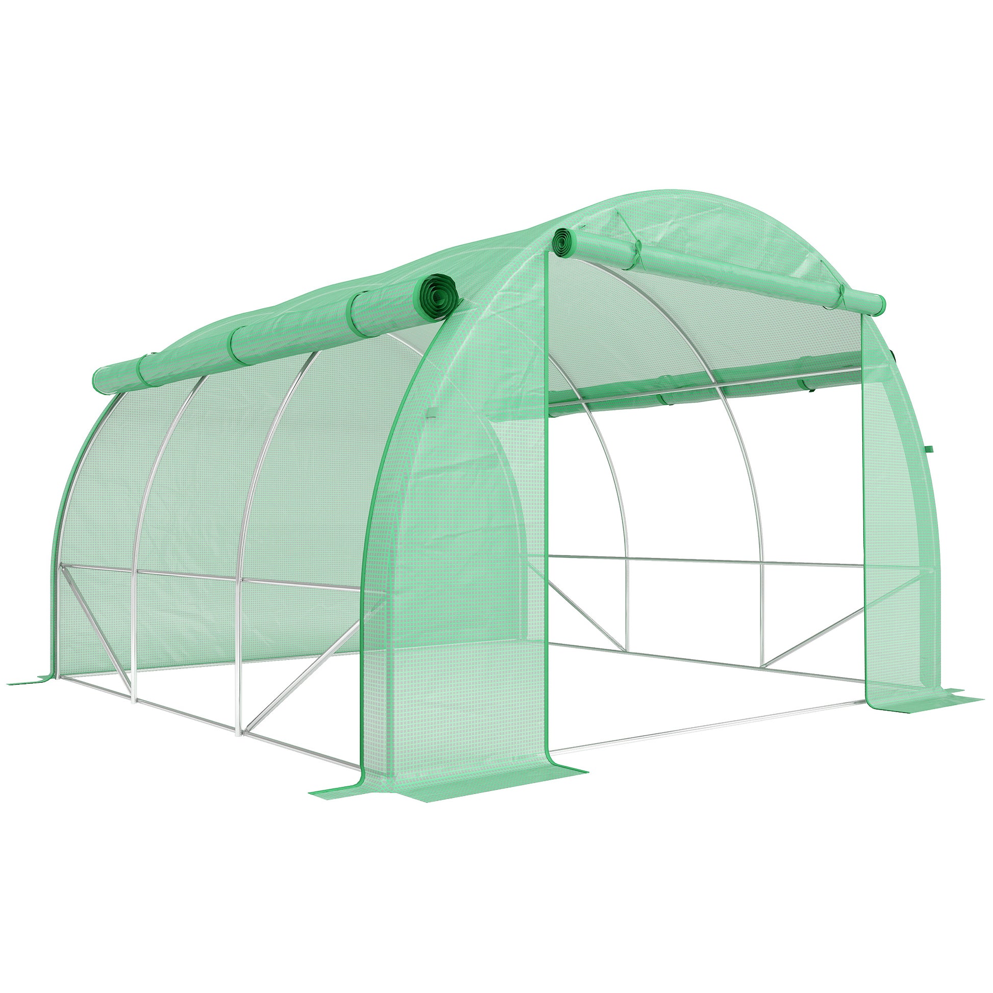 Photo of Outsunny Polytunnel Greenhouse Walk-in Grow House Tent with Roll-up Sidewalls, Zipped Door and 6 Windows, 3x3x2m Green in Green colour on a white background