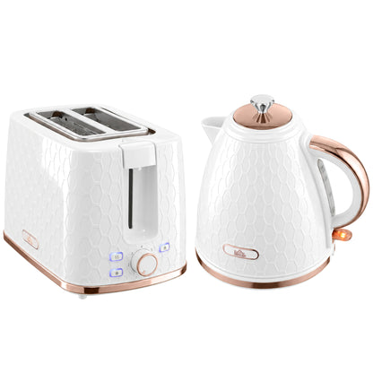 White two-slice toaster and electric kettle set with rose gold trim and textured finish