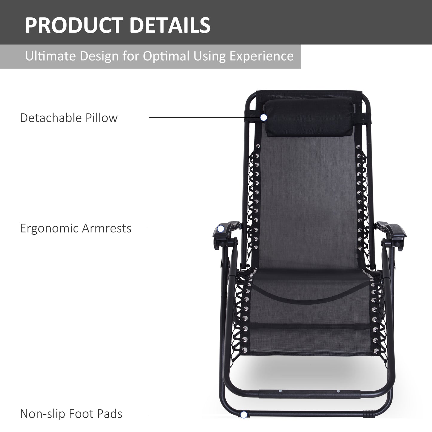 Outsunny Zero Gravity Chair Metal Frame Texteline Armchair Outdoor Folding and Reclining Sun Lounger with Head Pillow for Patio Decking Gardens Camping, Black