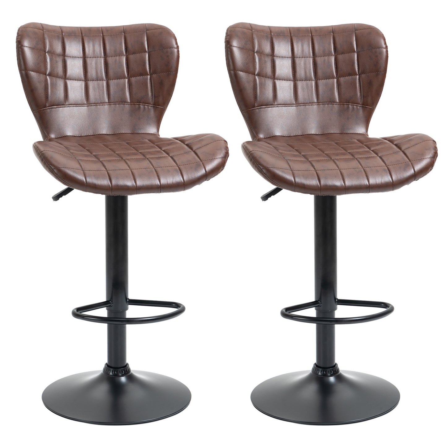 Photo of HOMCOM Bar Stools Set of 2 Adjustable Height Swivel Bar Chairs in PU Leather with Backrest & Footrest, Brown in Brown colour on a white background