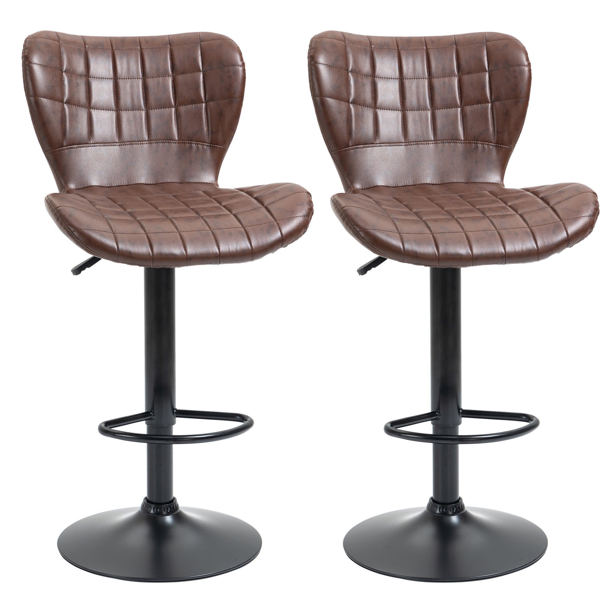 Photo of HOMCOM Bar Stools Set of 2 Adjustable Height Swivel Bar Chairs in PU Leather with Backrest & Footrest, Brown in Brown colour on a white background