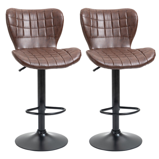 Photo of HOMCOM Bar Stools Set of 2 Adjustable Height Swivel Bar Chairs in PU Leather with Backrest & Footrest, Brown in Brown colour on a white background