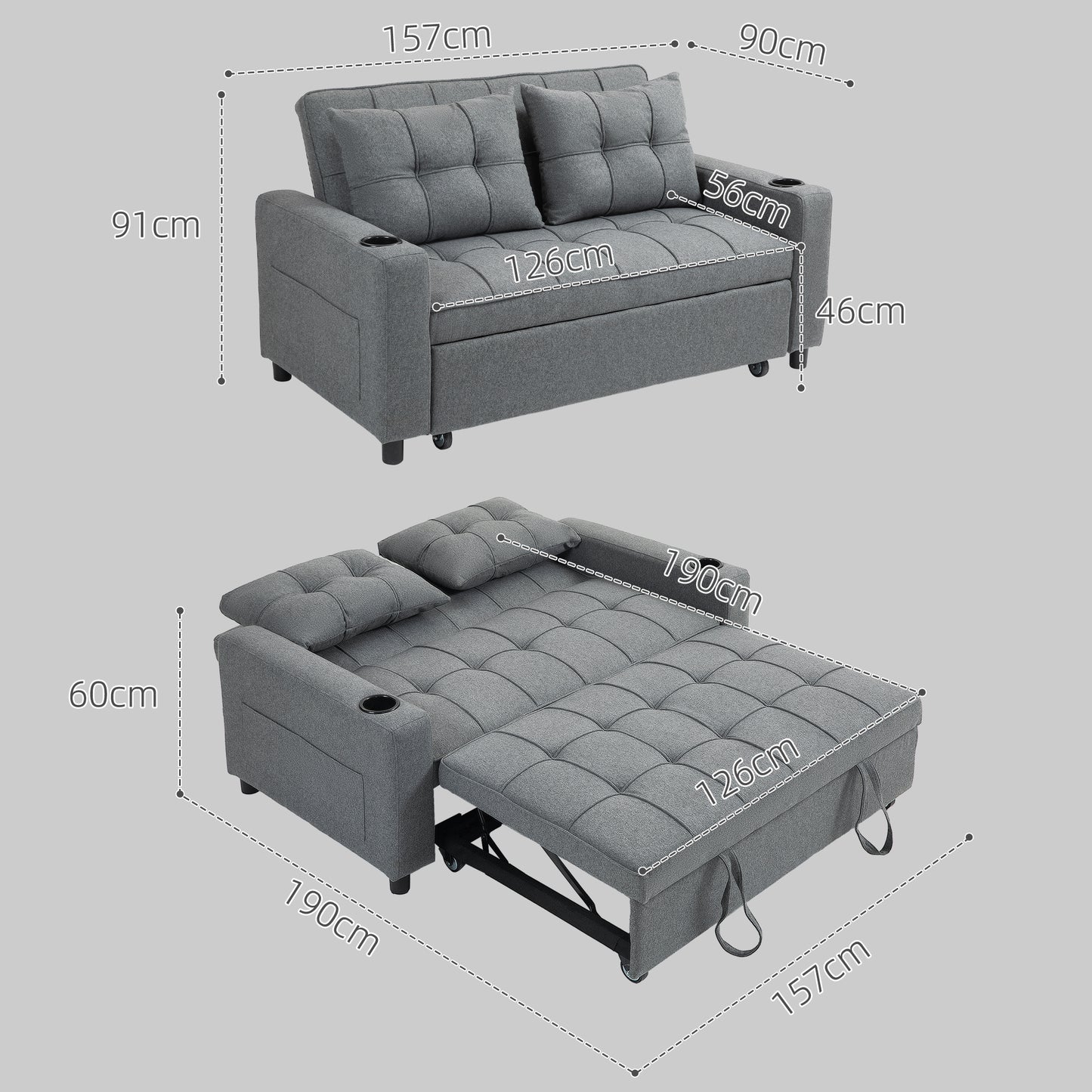 HOMCOM 2 Seater Sofa Bed Pull-Out Sofa Bed for Small Space - Charcoal Grey