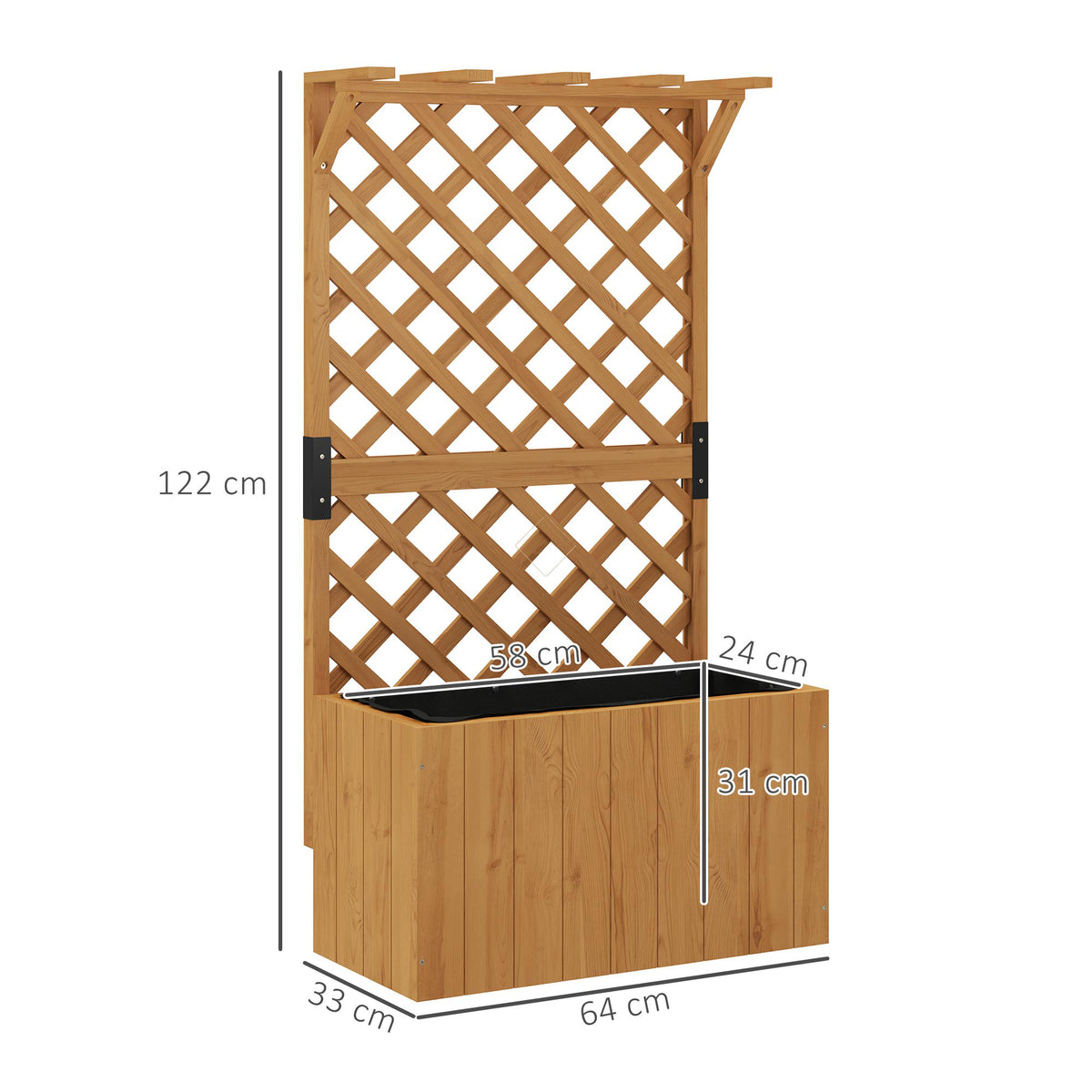 Outsunny wooden planter and trellis with dimensions labeled: 122 cm tall, 64 cm wide