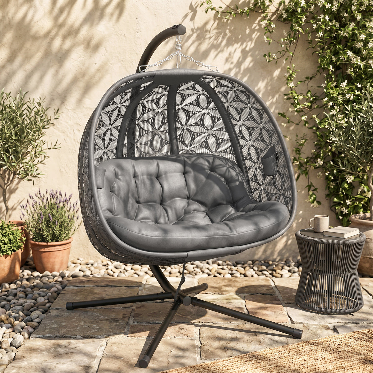 Outsunny outdoor double hanging chair with patterned basket and cushioned seat