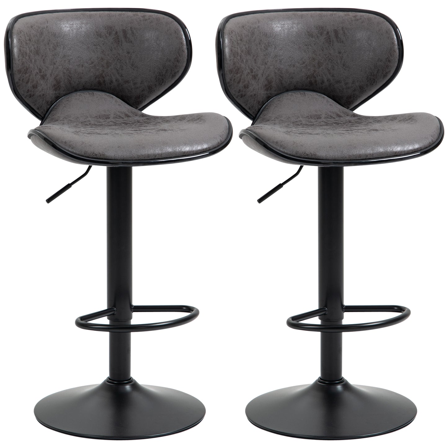 Photo of HOMCOM Kitchen Stools Set of 2  61-81cm Sitting Height Leather Upholstered Bar Chairs, Dark Grey in Grey colour on a white background
