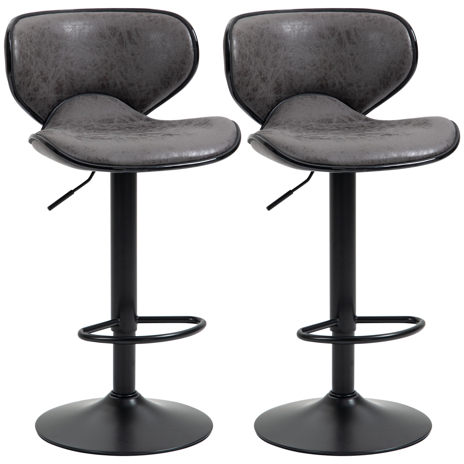 Photo of HOMCOM Kitchen Stools Set of 2  61-81cm Sitting Height Leather Upholstered Bar Chairs, Dark Grey in Grey colour on a white background