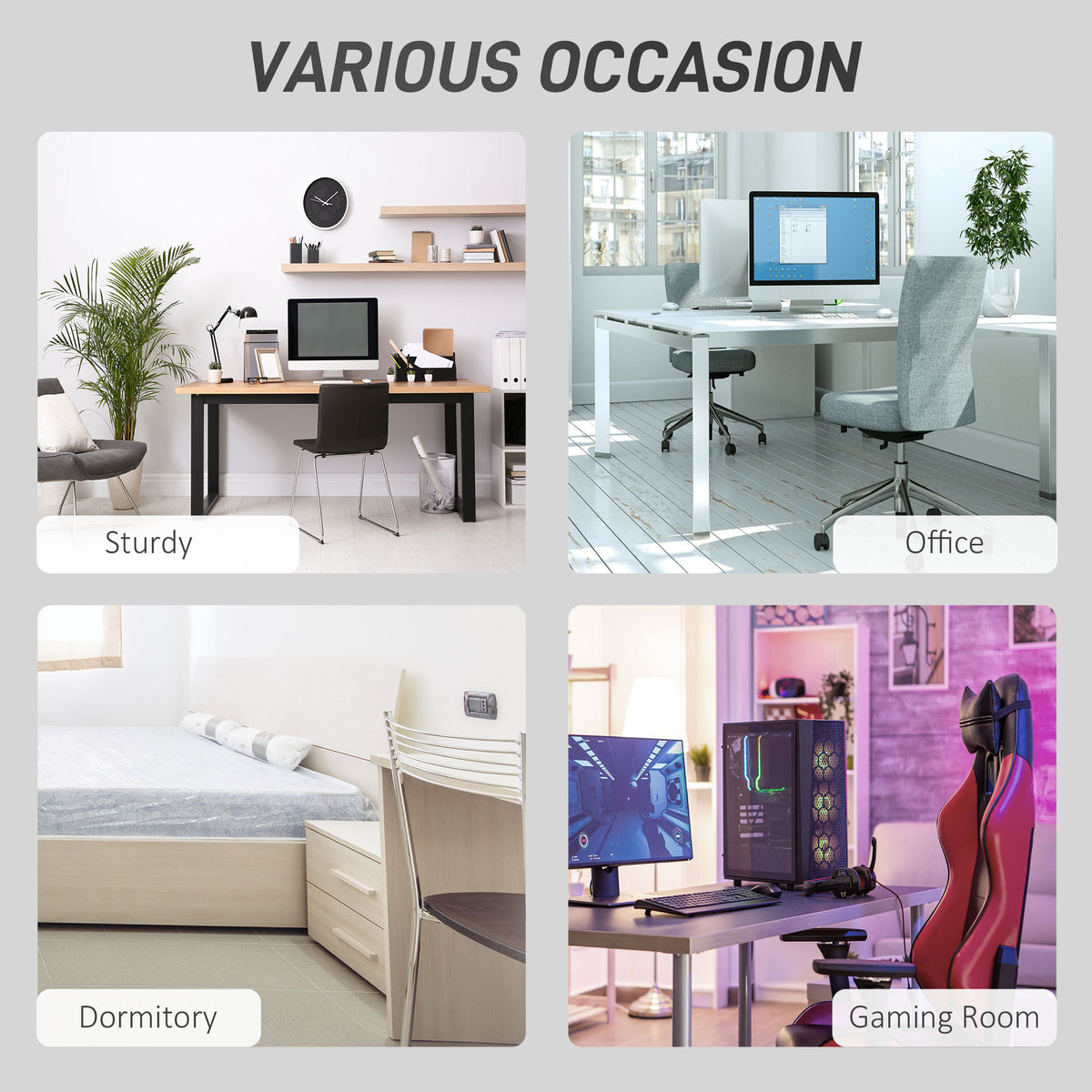 HOMCOM L-shaped computer desk shown in office, dormitory, and gaming room settings