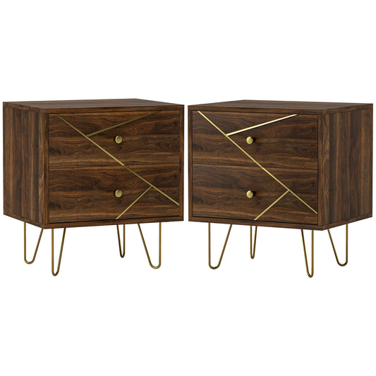 Photo of HOMCOM Bedside Tables Set of 2, Modern Side Table Set with 2 Drawers and Steel Hairpin Legs, Nightstand for Bedroom, Brown Wood Grain in Grain colour on a white background