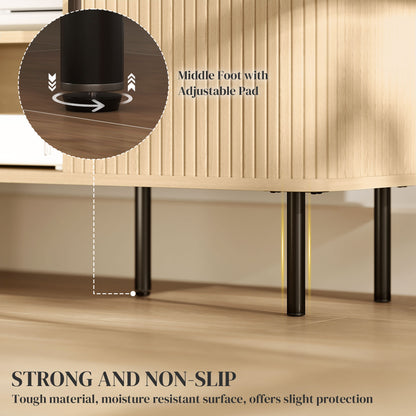 Close-up of TV stand's black legs and adjustable center foot beneath its slatted cabinet