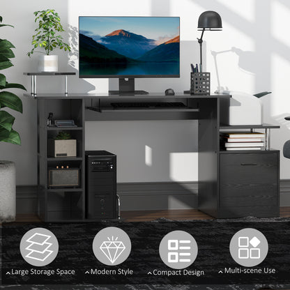 Black HOMCOM computer workstation arranged with a monitor and storage on open shelves