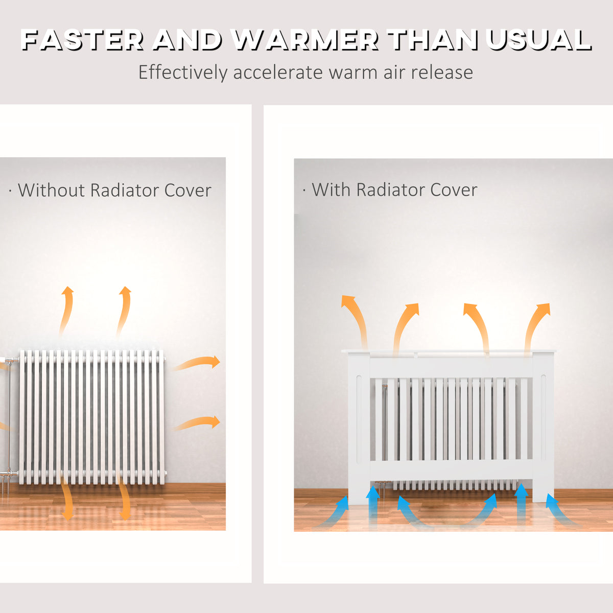 White slatted radiator cover shown in a heating airflow comparison