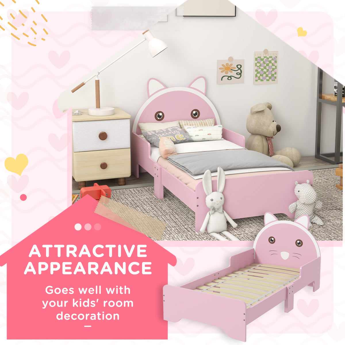 Pink cat-shaped toddler bed shown in a bedroom, with guardrails and slatted base
