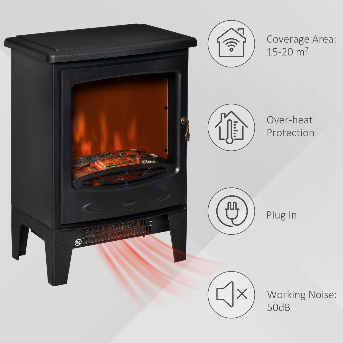 Black electric fireplace stove with glowing flames and a lower heat vent