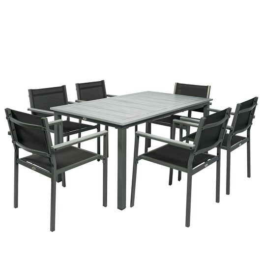 Photo of Outsunny Garden Dining Set with Acacia Wood Table Top, Outdoor Table and Stackable Chairs Set for 6 with Texteline Seat, Grey in Grey colour on a white background