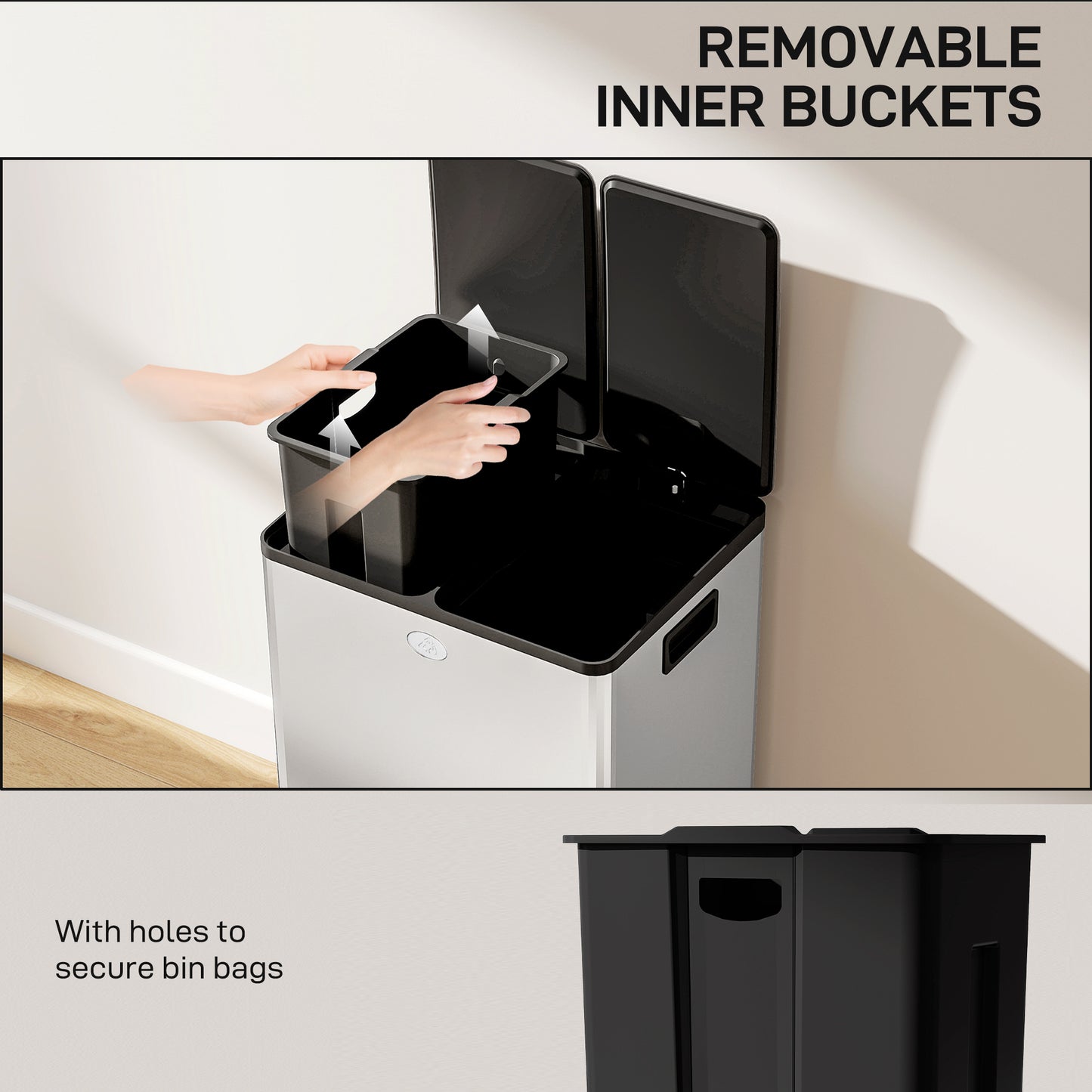HOMCOM 56L Dual Compartment Stainless Steel Bin, with Deodoriser Holders - Silver Tone