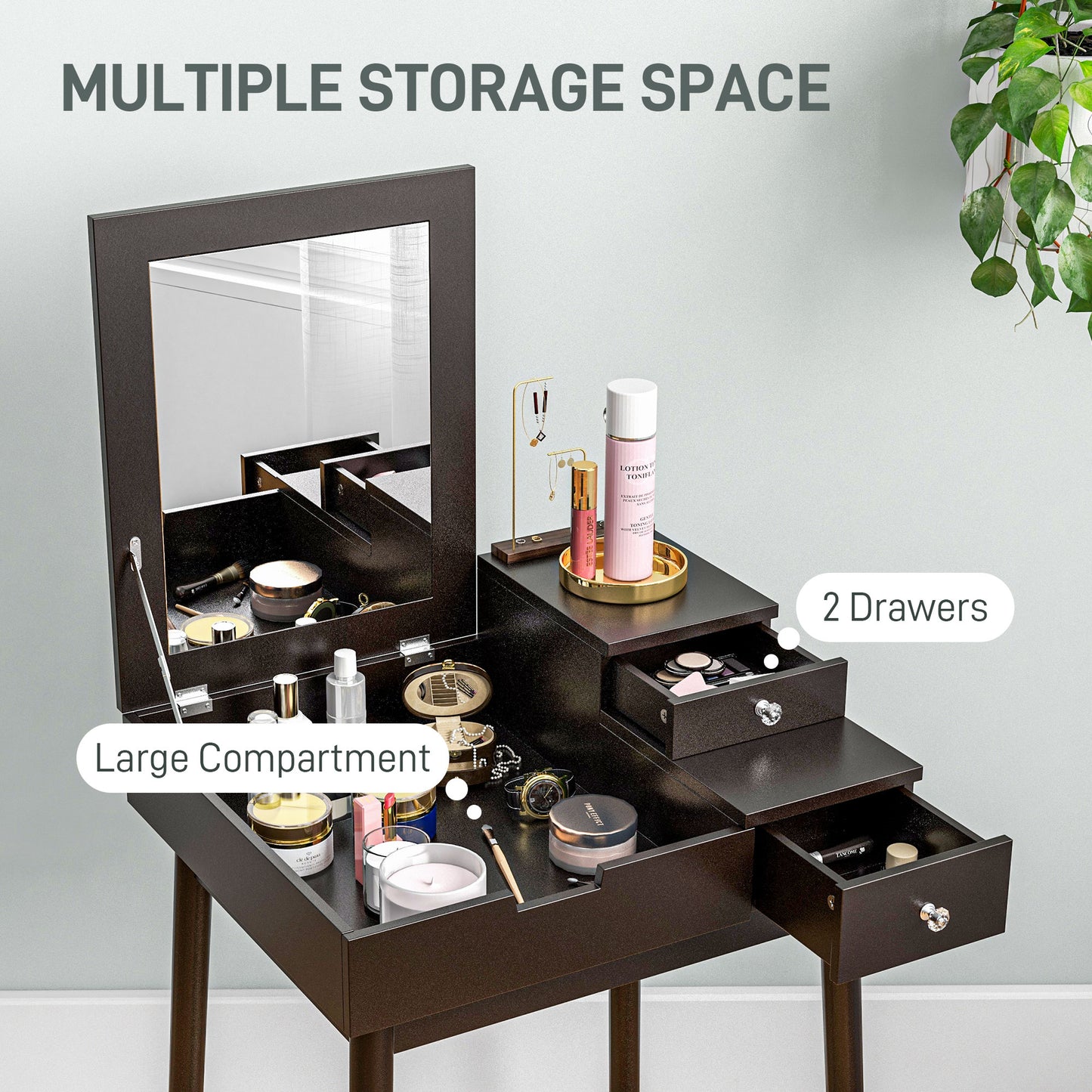 HOMCOM Dressing Table with Flip-up Mirror, Makeup Desk with 2 Drawers and Pine Wood Legs, Vanity Table Writing Desk for Bedroom Living Room, Black