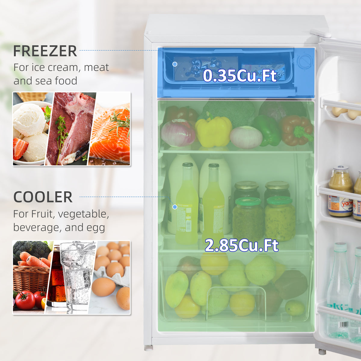 Open white fridge showing a top freezer compartment and lower cooler storage.