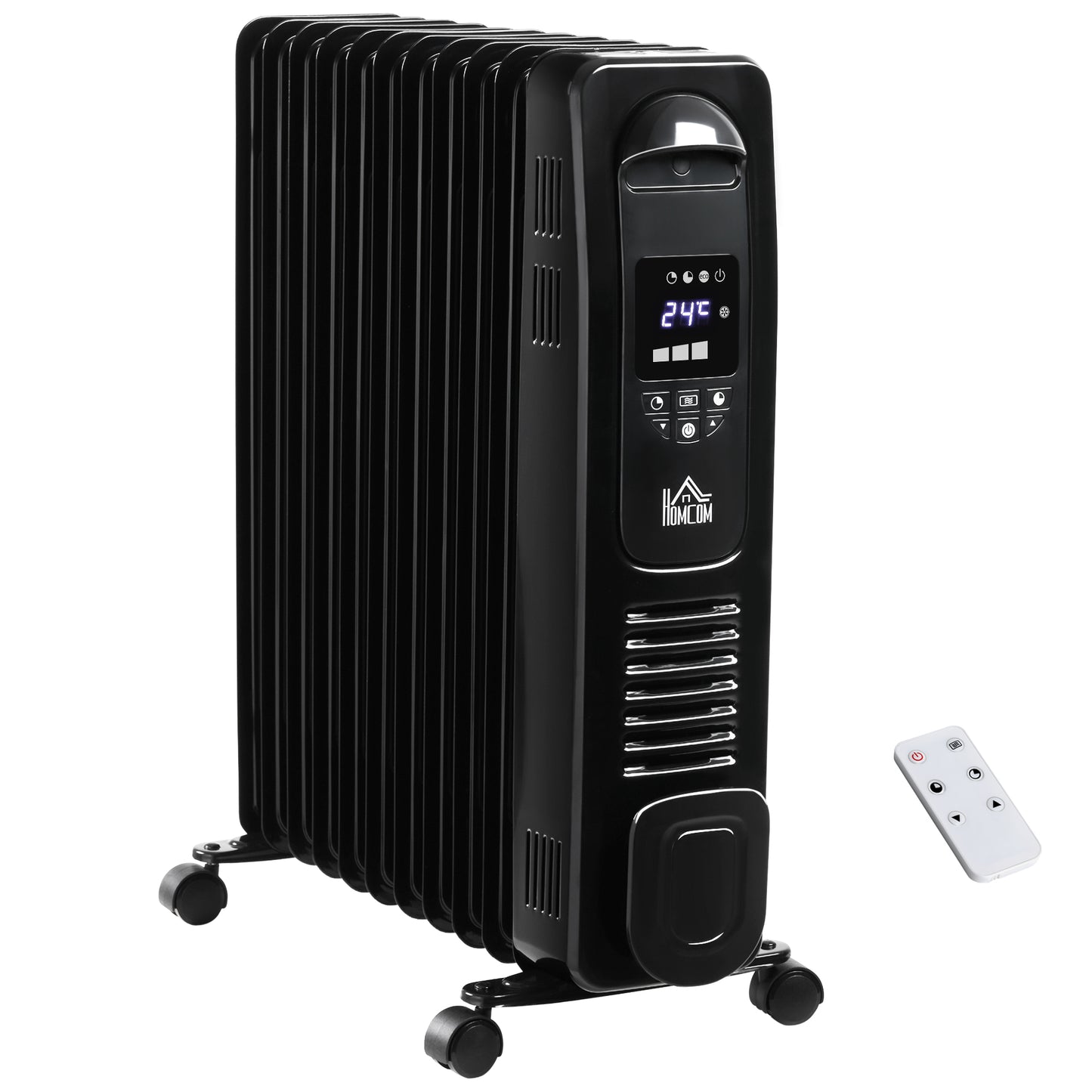 Photo of HOMCOM 2500W Digital Display Oil Filled Radiator, 11 Fin Portable Electric Heater with Timer, Adjustable Thermostat, Three Heat settings, Safety Cut Off, Remote, Black in Black colour on a white background