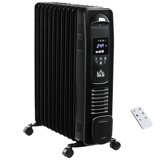 Photo of HOMCOM 2500W Digital Display Oil Filled Radiator, 11 Fin Portable Electric Heater with Timer, Adjustable Thermostat, Three Heat settings, Safety Cut Off, Remote, Black in Black colour on a white background