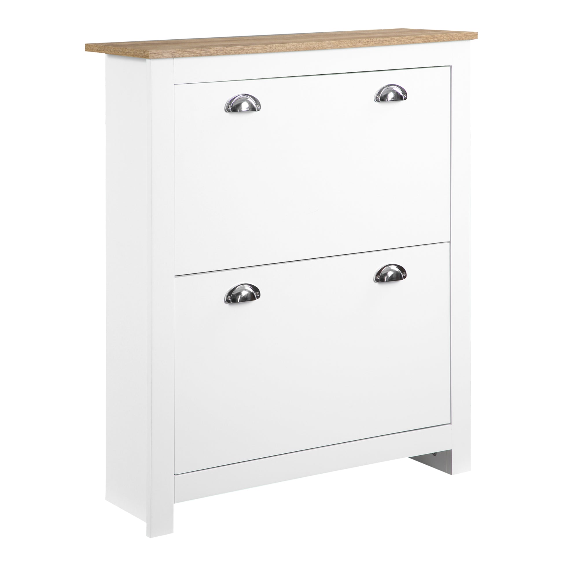 Photo of HOMCOM 2 Drawer Shoe Cabinet Modern Narrow Shoe Cupboard Hallway Wooden Storage Organiser with Flip Doors Adjustable Shelf for 6-12 Pairs, White in White colour on a white background