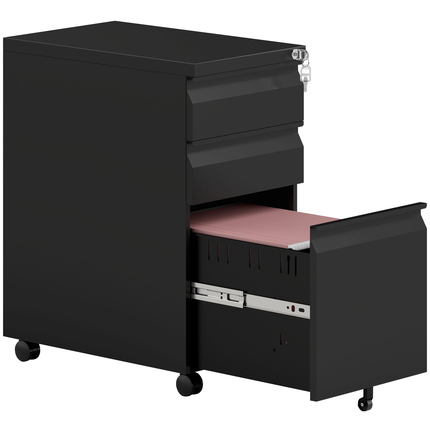 Photo of Vinsetto 3-Drawer Steel Filing Cabinet with Lock and Wheels - Black in Black colour on a white background
